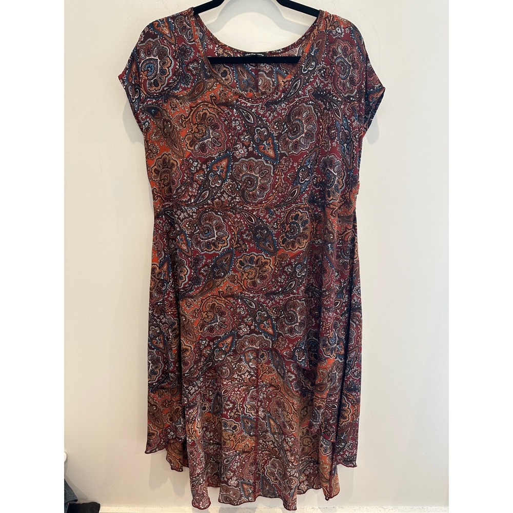 Cha Cha Vente Women 1X Paisley Print High Low Short Sleeve Dress Burgundy Boho